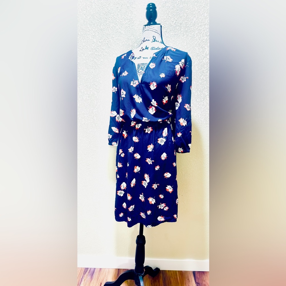 WAYF V Neck Navy Floral Spring Midi Dress with Orange & White Blooms- 2XL